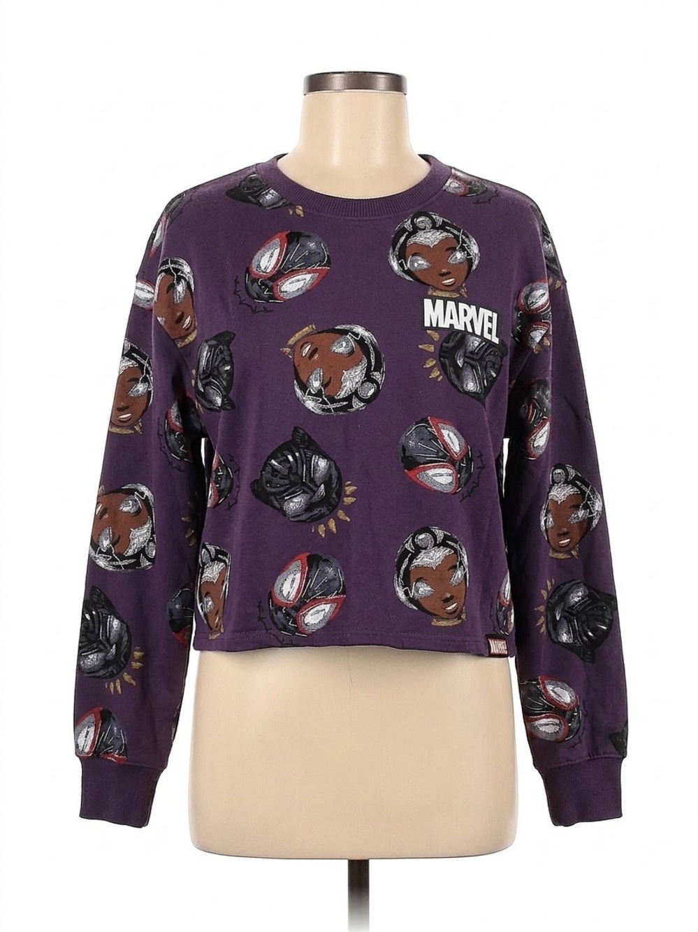 Marvel Women's Purple All-Over Character Crewneck Sweater